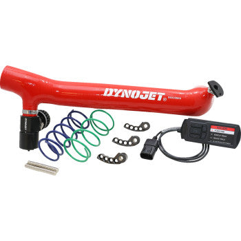 The Polaris Stage 3 Power Package Kit by Dynojet is shown on a white background, featuring a red intake tube with sensor, four colored springs, three black brackets, a small metal rod, and a Power Vision 3 digital controller with cable.