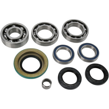 The Can Am Differential Bearing Seal Kit Rear by Moose Offroad features high-speed EMQ bearings and rubber oil seals in assorted sizes, perfect for differential servicing. The round bearings and seals are displayed on a white background.