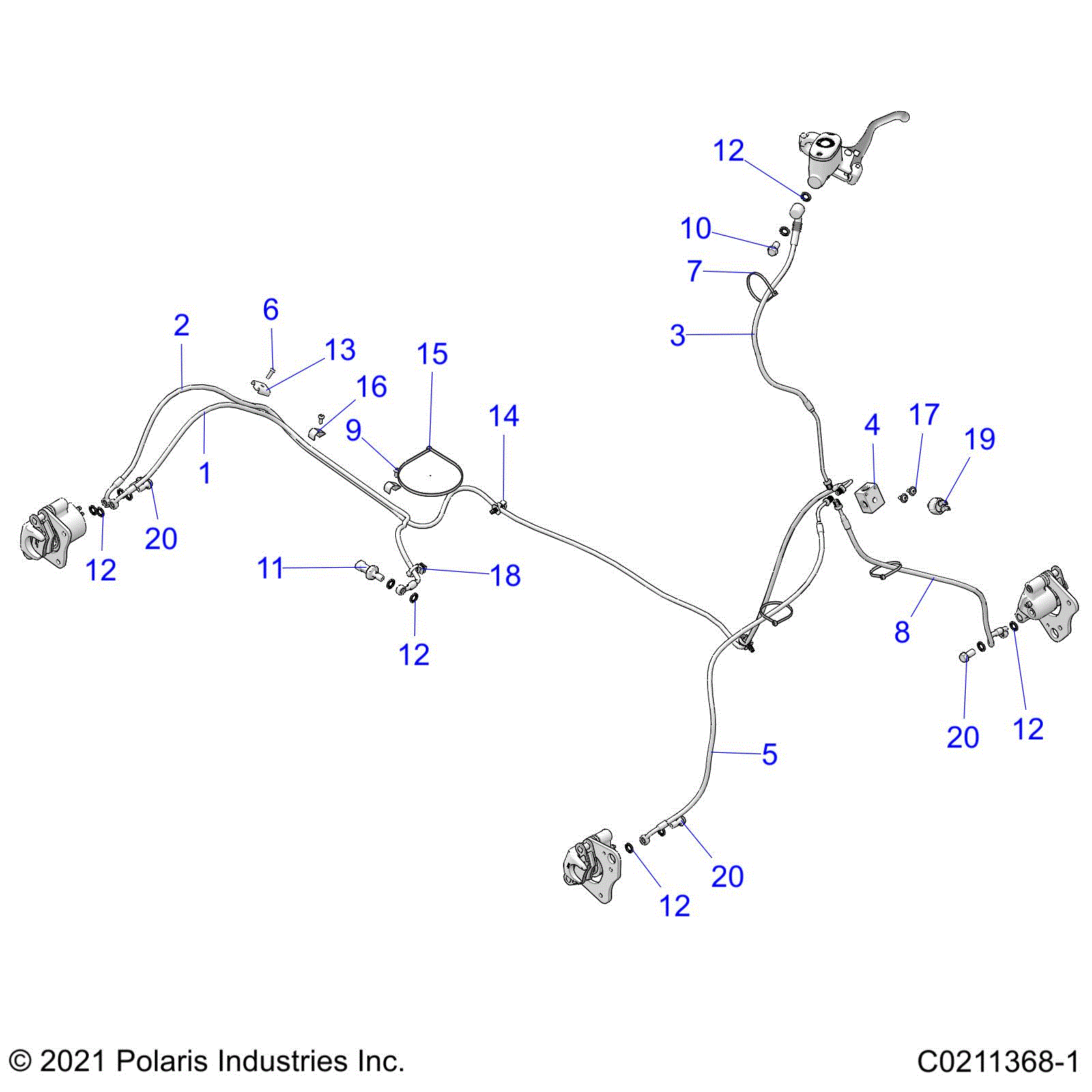 An Image of a Genuine Polaris Parts Schematic Diagram showing the schematic - BRAKES: BRAKE LINES - 2020 POLARIS SPORTSMAN 450 HO UTILITY