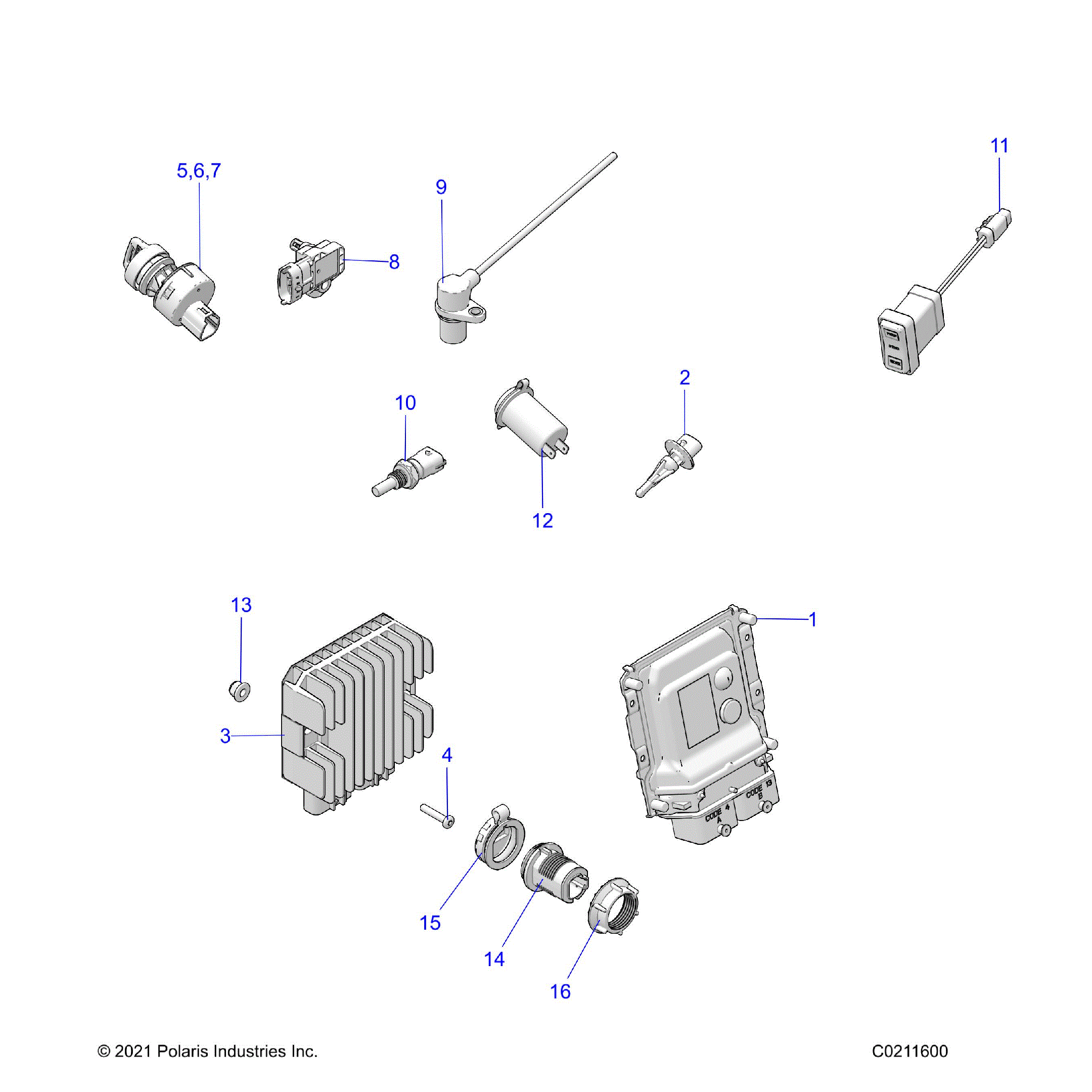 An Image of a Genuine Polaris Parts Schematic Diagram showing the schematic - ELECTRICAL: SWITCHES SENSORS ECU and CONTROL MODULES - 2023 POLARIS SPORTSMAN XP 1000 48" TRAIL