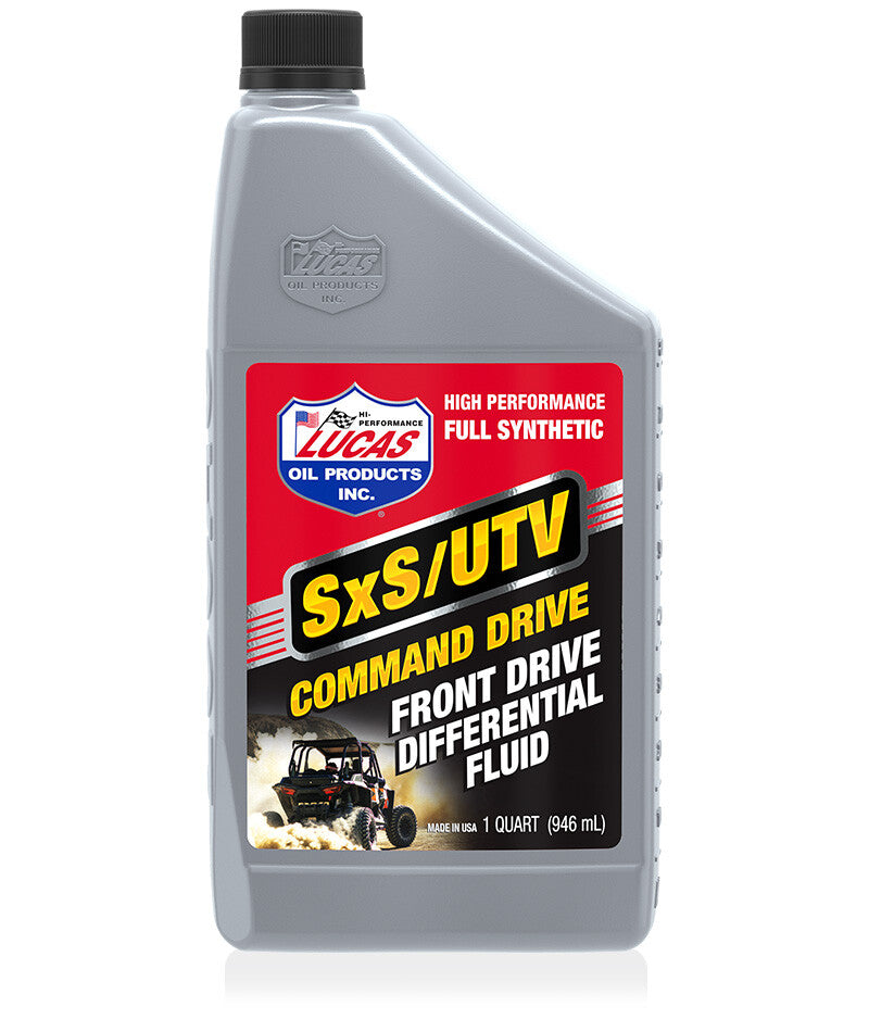 A 1-quart SxS UTV/ATV Synthetic Front Drive Differential fluid by Lucas Oil provides outstanding protection, and features a gray cap plus a red, black, and yellow label with an off-road vehicle image.