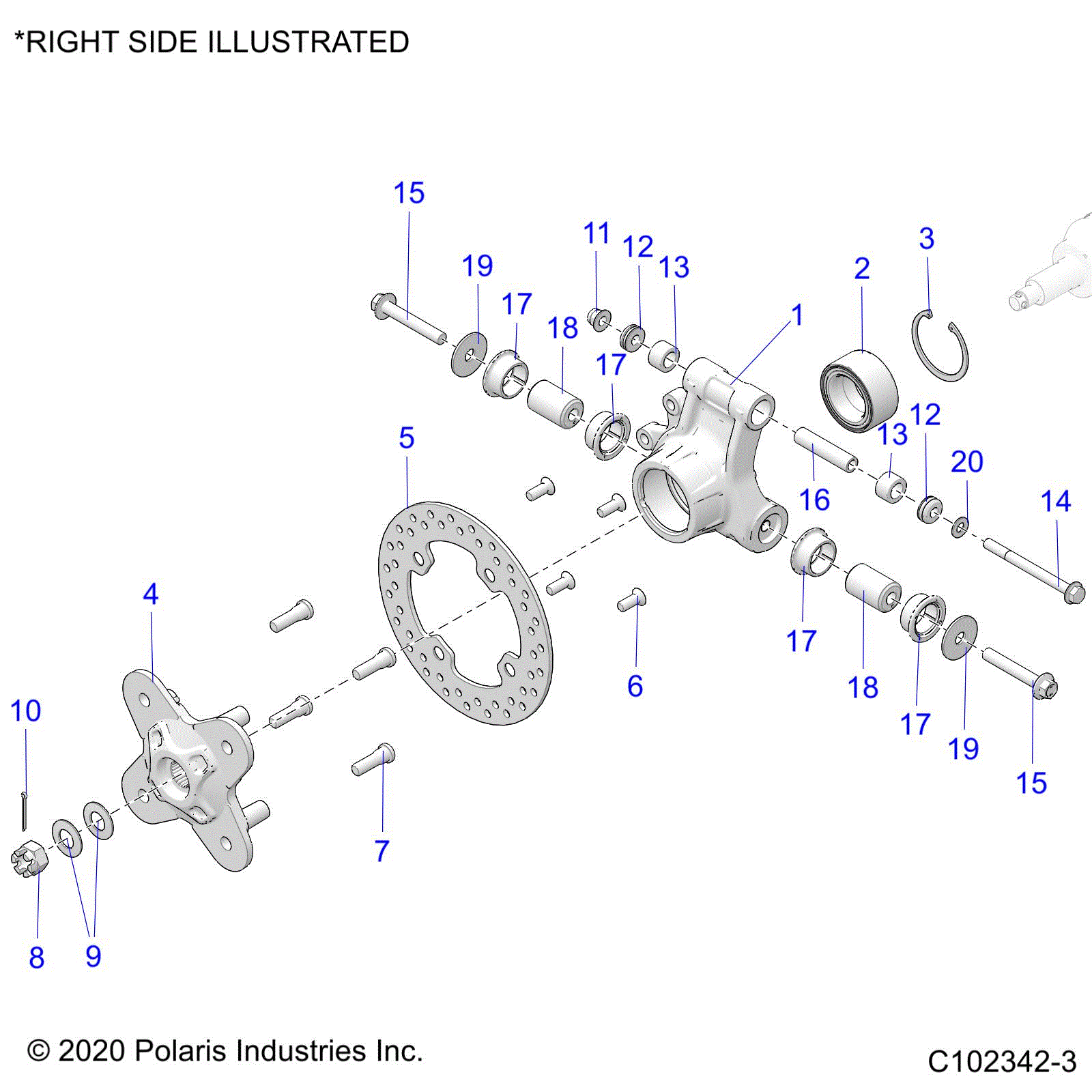 An Image of a Genuine Polaris Parts Schematic Diagram showing the schematic - SUSPENSION: REAR HUB CARRIER and BRAKE DISC - 2021 POLARIS SPORTSMAN XP 1000 S 55"
