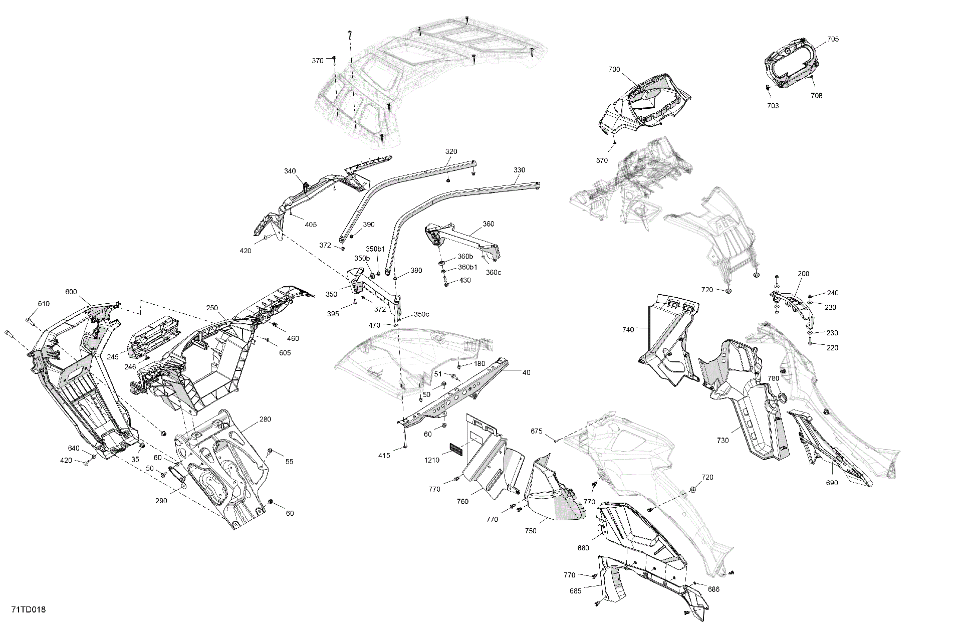 An Image of a Genuine Can-Am Parts Schematic Diagram showing the schematic - BODY - FRONT SECTION