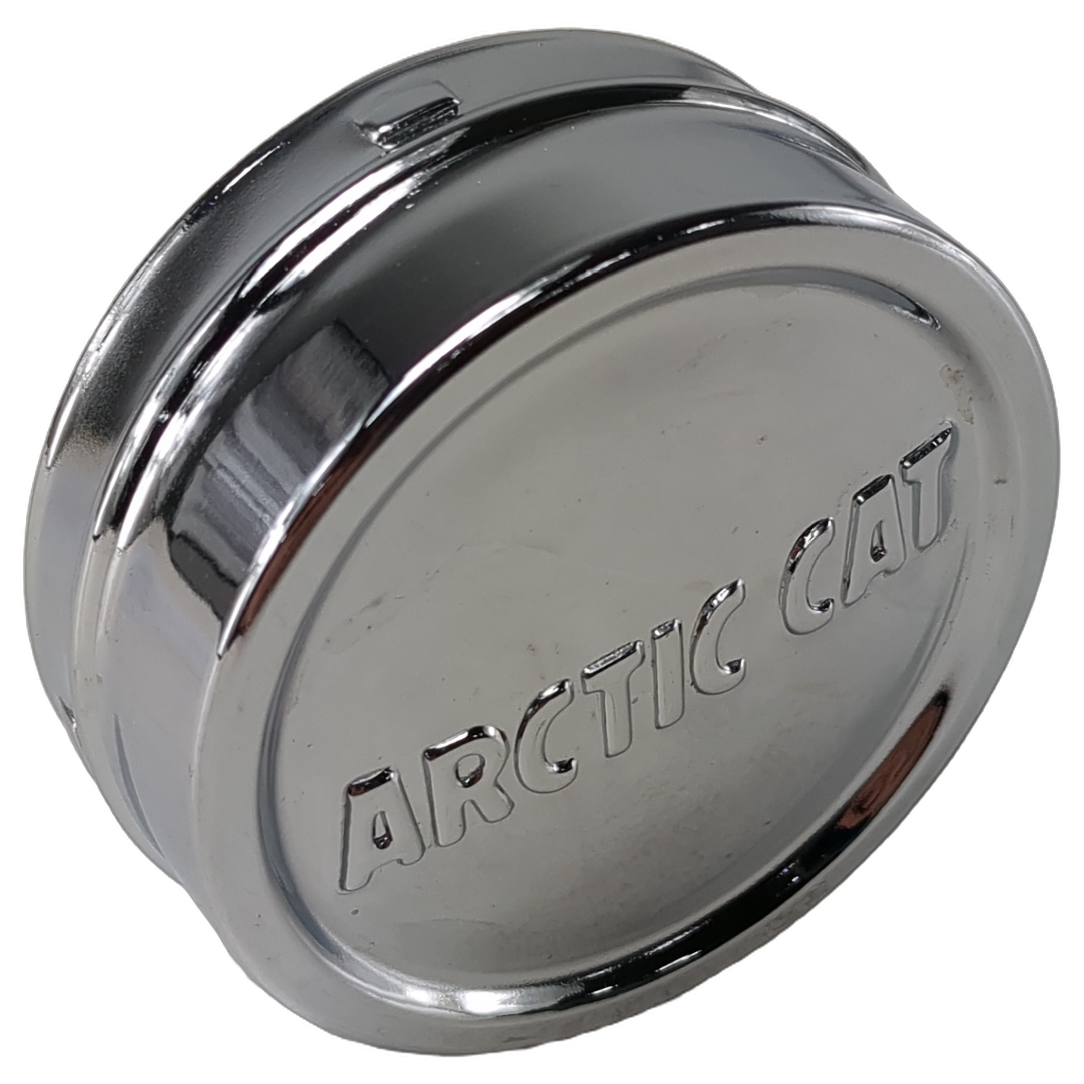 Round chrome Arctic Cat wheel center cap with a raised logo and polished rim.
