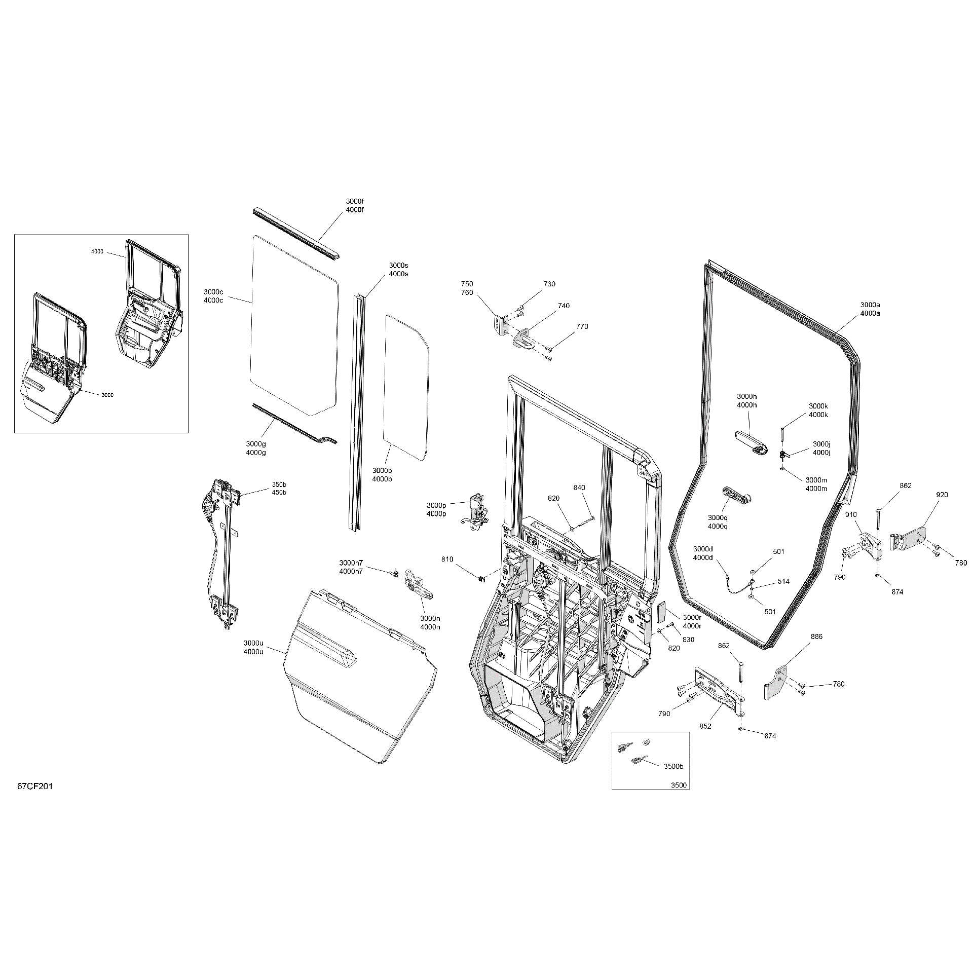 An Image of a Genuine Can-Am Parts Schematic Diagram showing the schematic - ENCLOSURE CAB - REAR DOORS