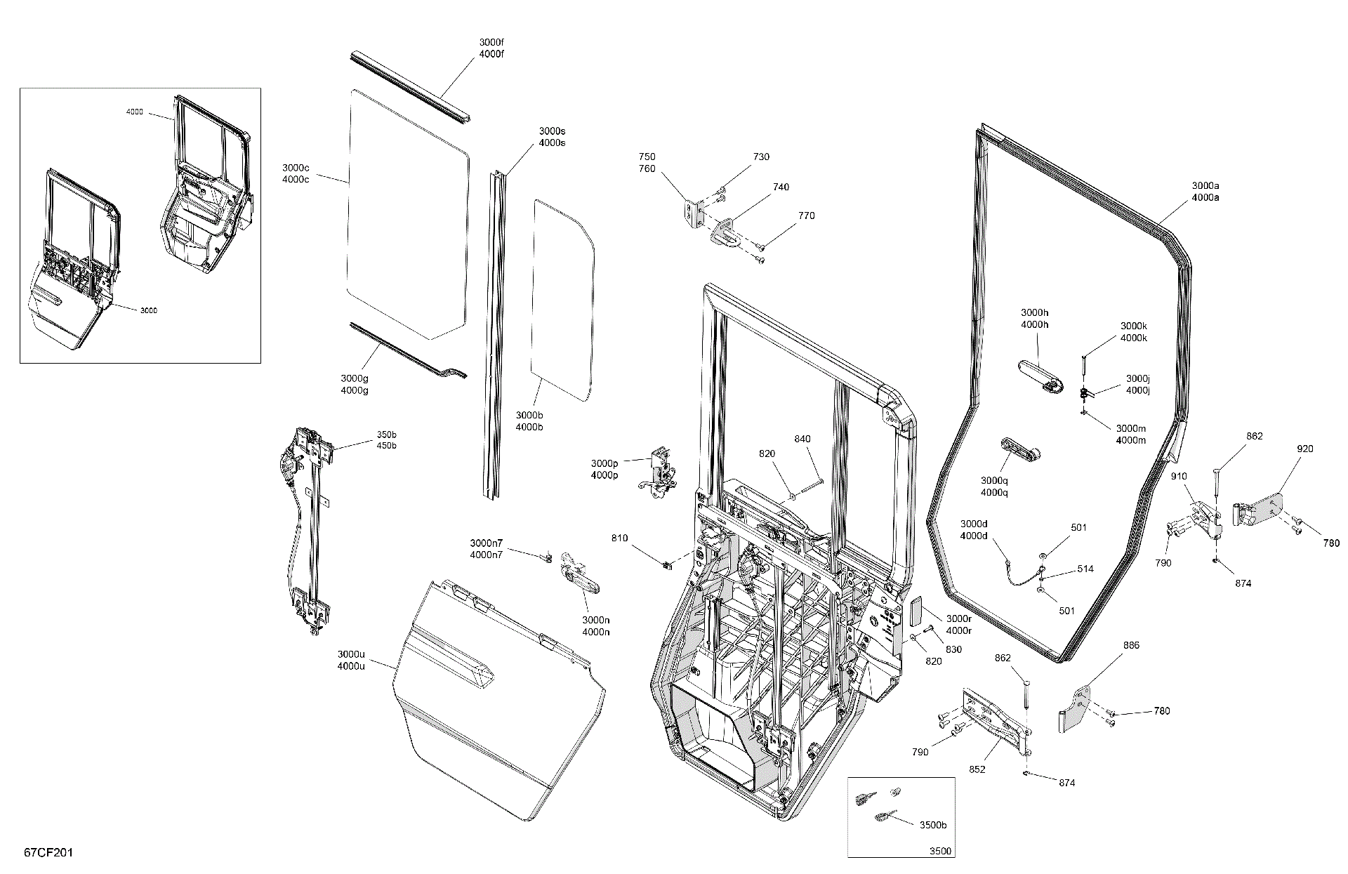 An Image of a Genuine Can-Am Parts Schematic Diagram showing the schematic - ENCLOSURE CAB - REAR DOORS