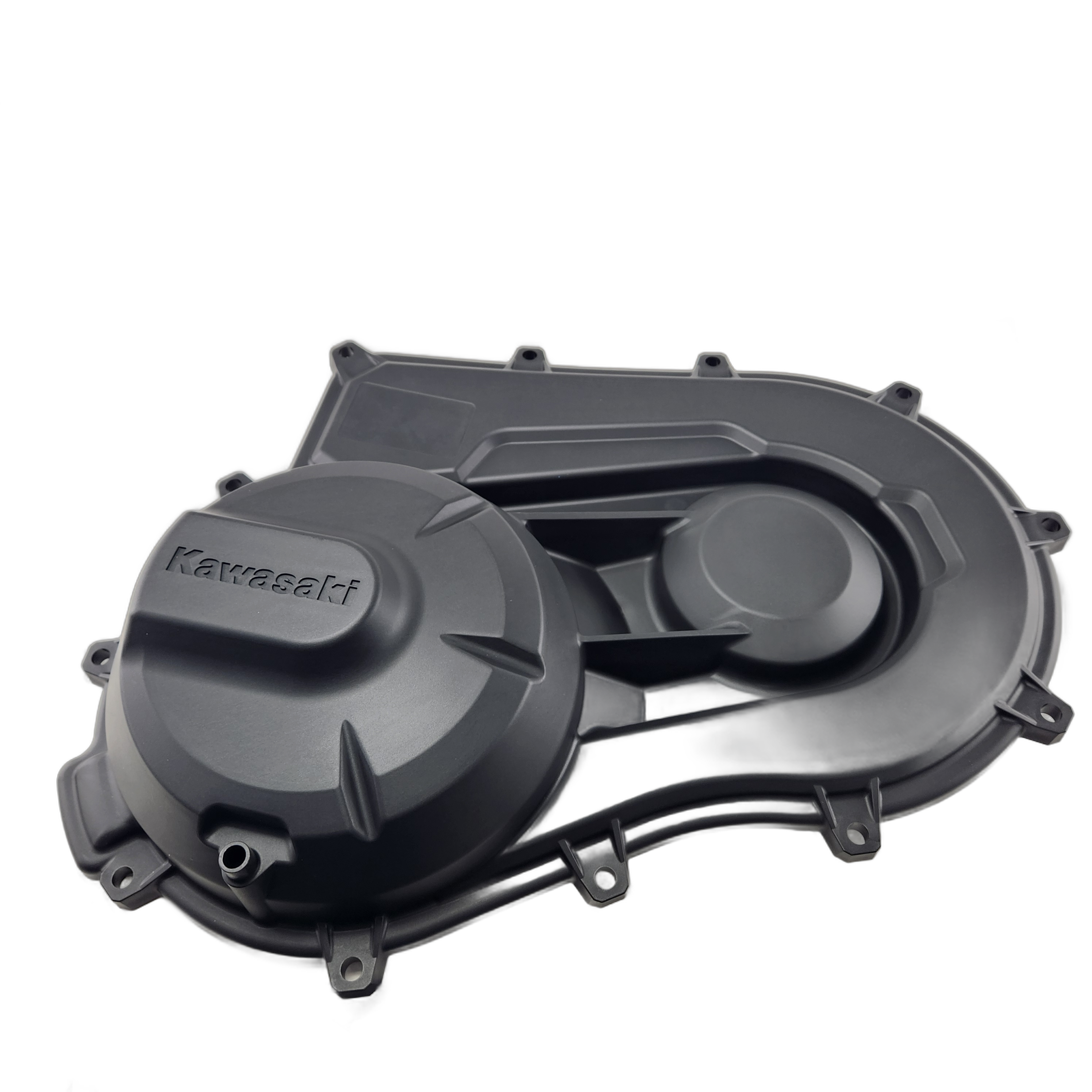 A black Kawasaki Cover,Cvt OEM engine cover with mounting points is shown on a white background, featuring the embossed Kawasaki logo—perfect for those needing quality UTV or ATV off-road accessories.