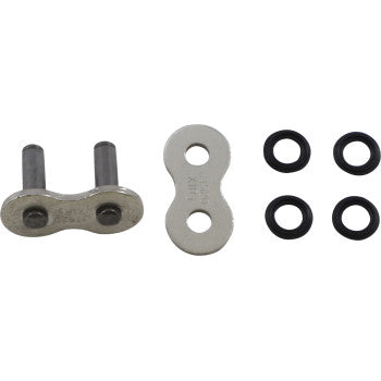 The 520 X1R3 Nickel Rivet Connecting Link by JT Chains includes a link with two pins, a separate plate, and four black O-rings on a white background—perfect as a replacement connecting link for your bike chain.
