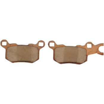 Two Can Am Defender Standard Brake Pads by DP Brakes, each with unique shapes, mounting holes, and textured friction surfaces, are displayed side by side on a white background.