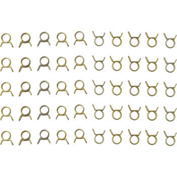 Rows of Helix Hose Clamps Self Tensioning Double Wire 3/8", sold in a 50 pack, are arranged neatly on a white background. Each metal clamp has two protruding handles and a round opening for secure hose fastening.