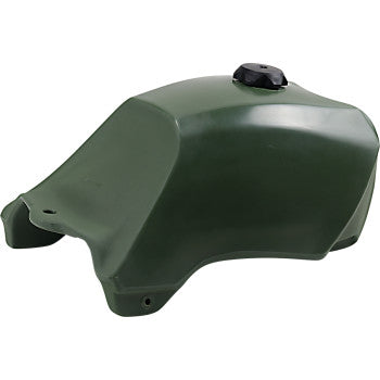 Green large capacity gas tank with smooth finish and black screw-on cap.
