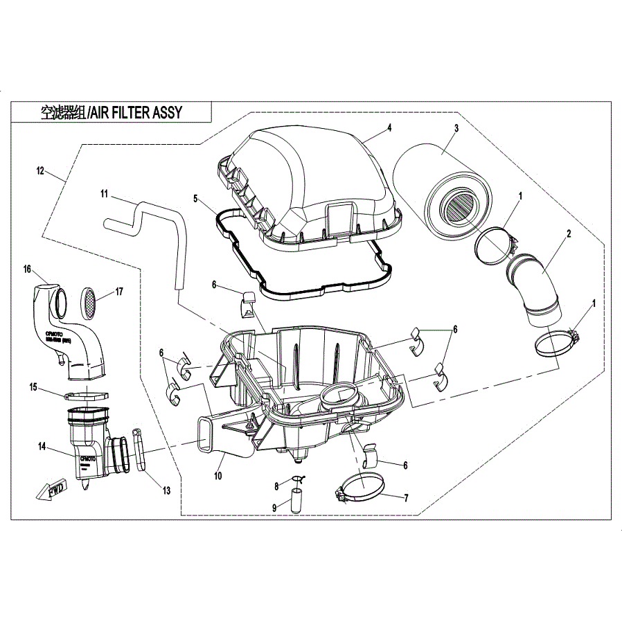 An Image of a genuine CFMOTO Parts Schematic Diagram showing the group - AIR FILTER ASSY. - 2019 CFMOTO CFORCE 800 XC