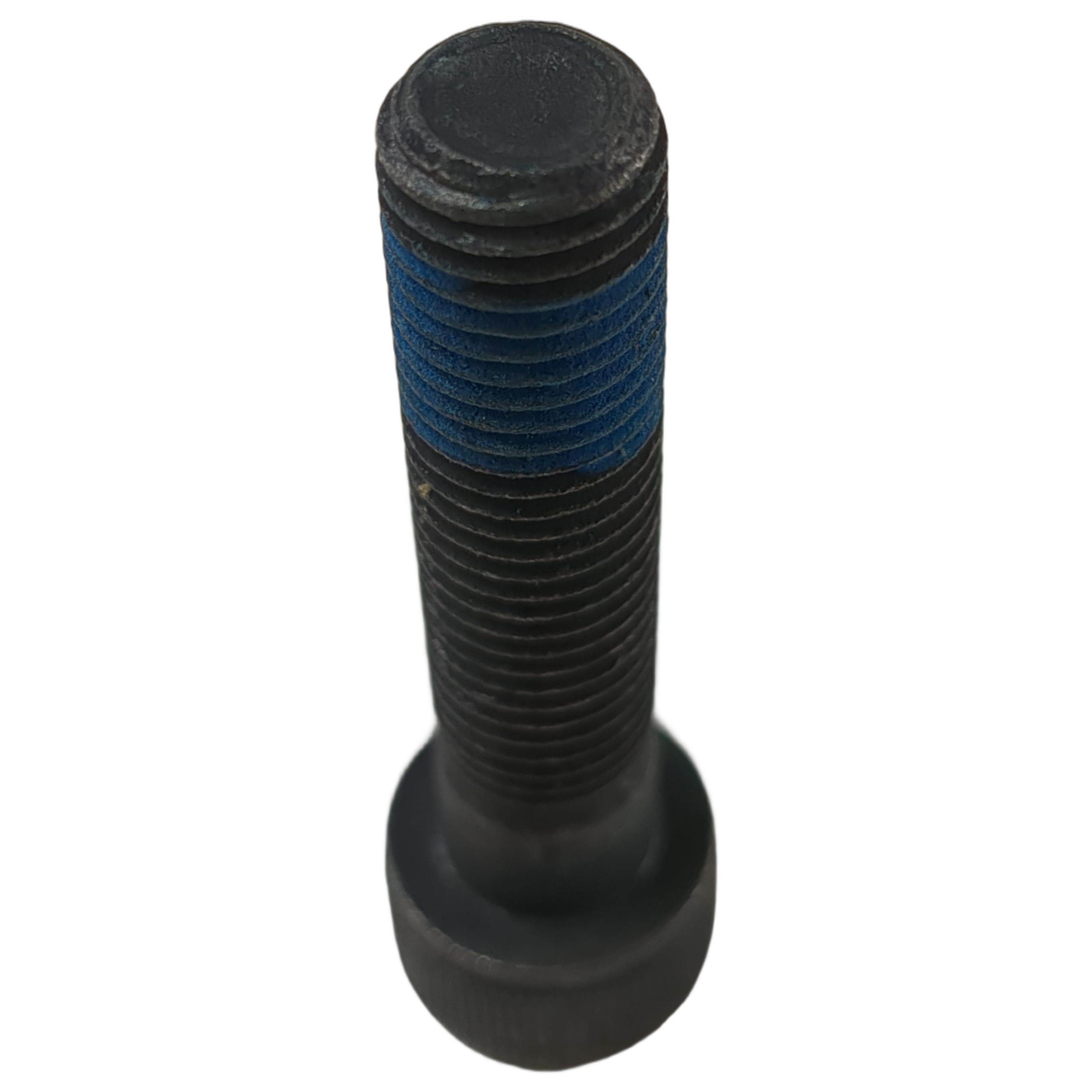 Black M10 hex socket head cap screw with a blue thread-locking patch.