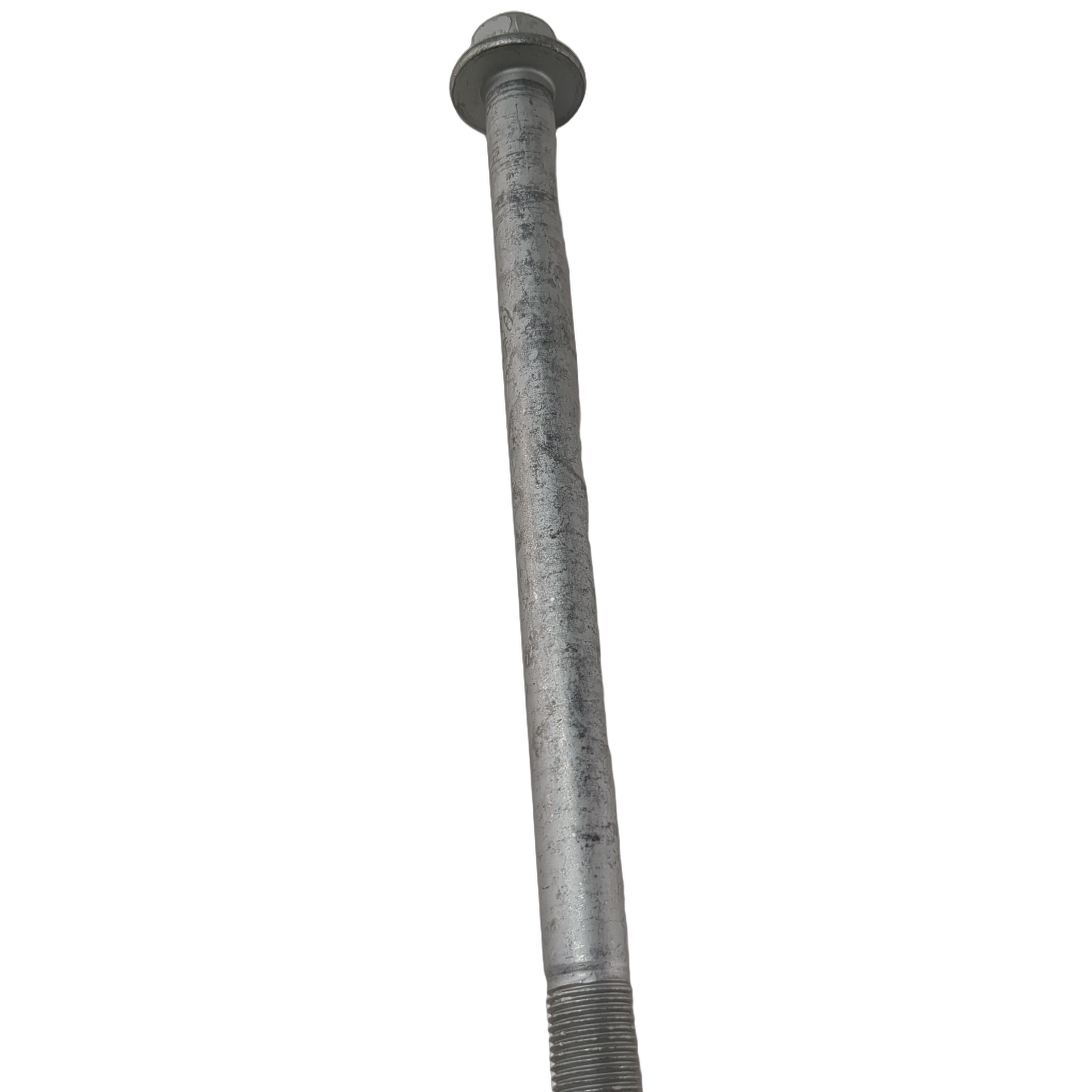 Long silver metal screw with hexagonal head and threaded end, slightly worn finish.