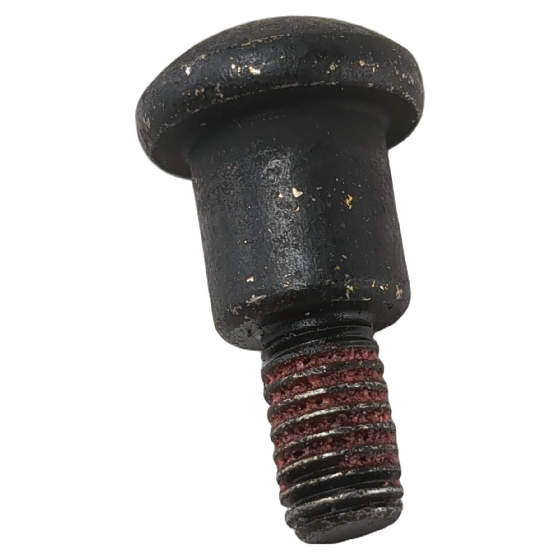 Black metal shoulder bolt with rounded head and red thread locking compound on the screw shaft.