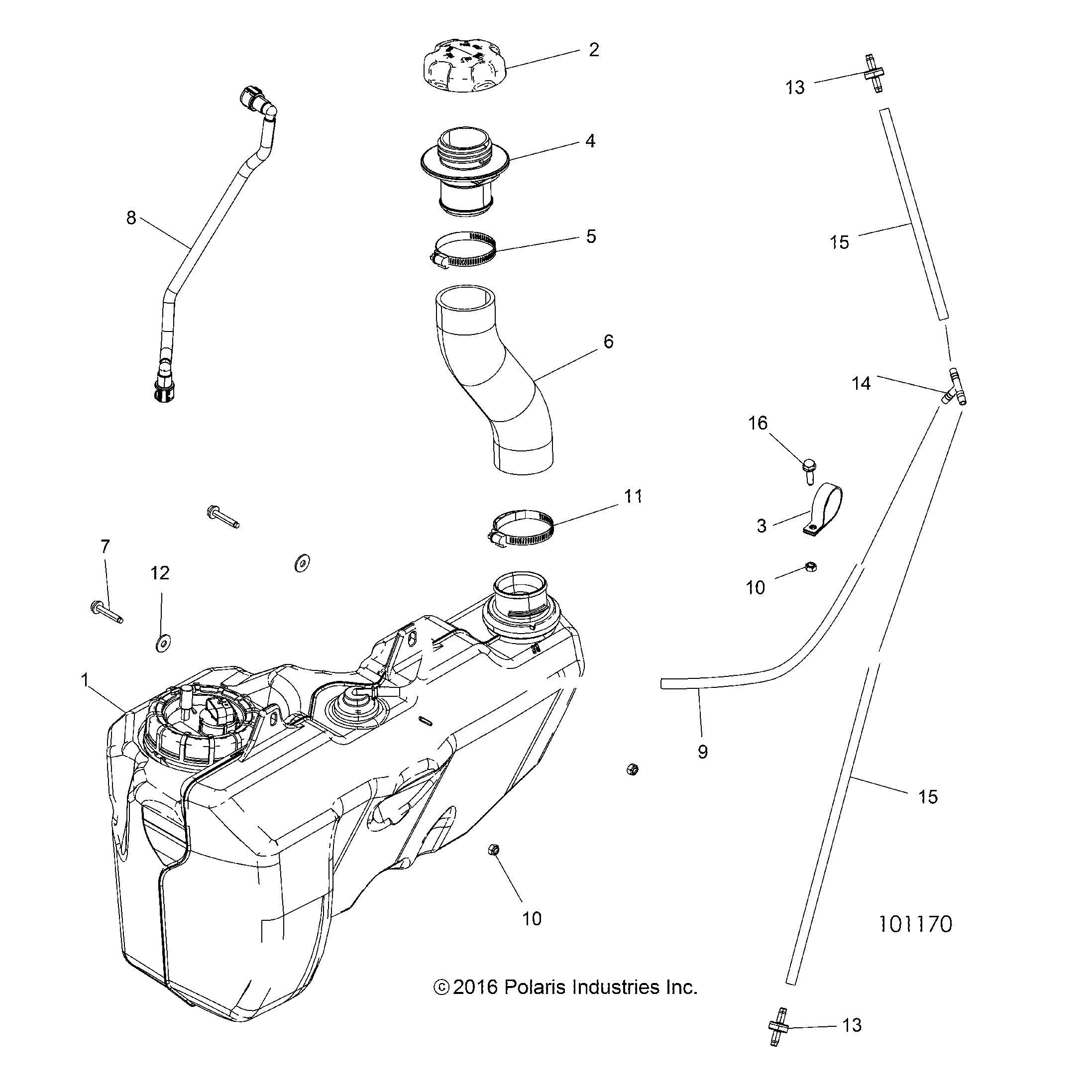 An Image of a Genuine Polaris Parts Schematic Diagram showing the schematic - BODY: FUEL TANK - 2018 POLARIS SCRAMBLER 850