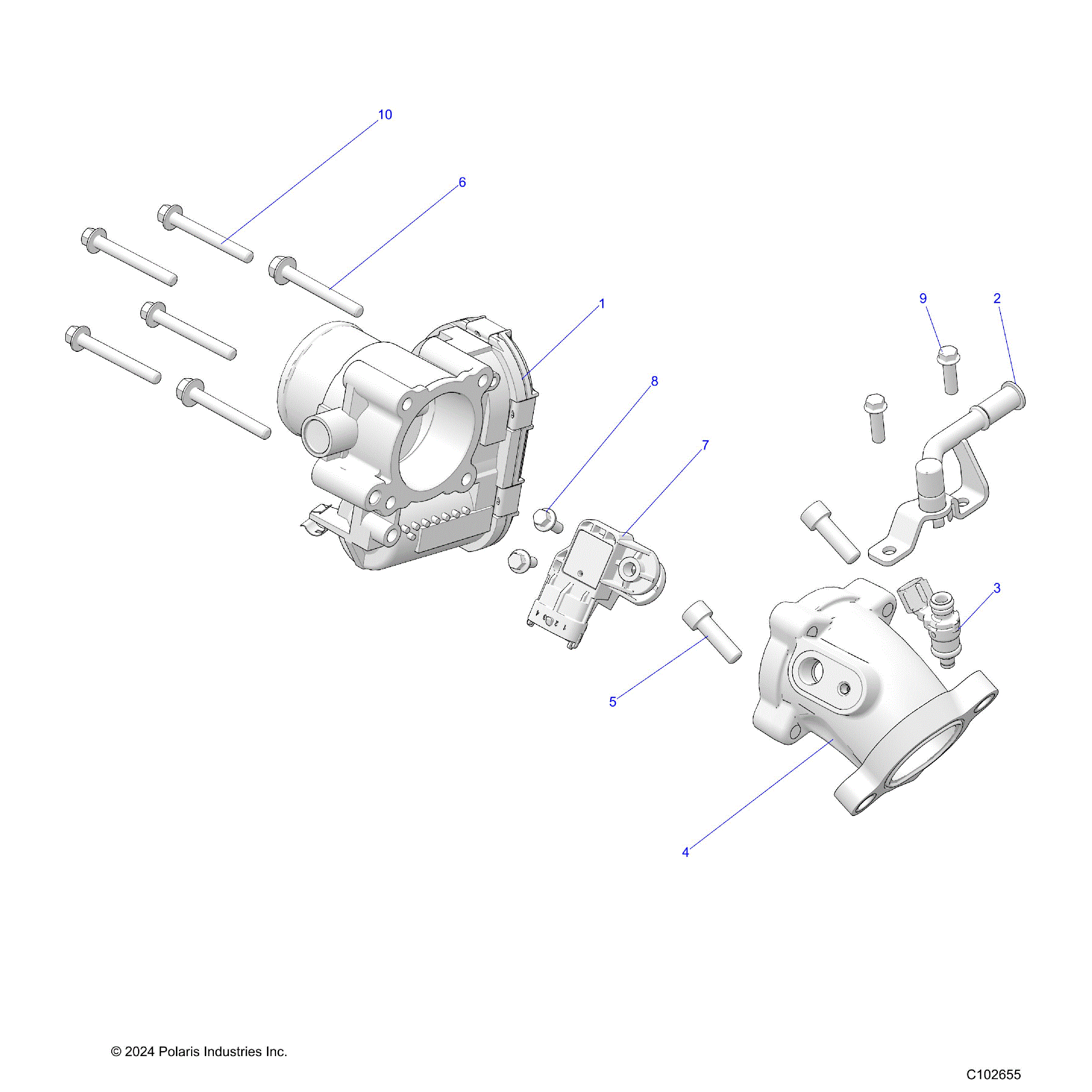 An Image of a Genuine Polaris Parts Schematic Diagram showing the schematic - ENGINE: THROTTLE BODY and FUEL RAIL - 2025 POLARIS SPORTSMAN 570 6X6 EPS 49S