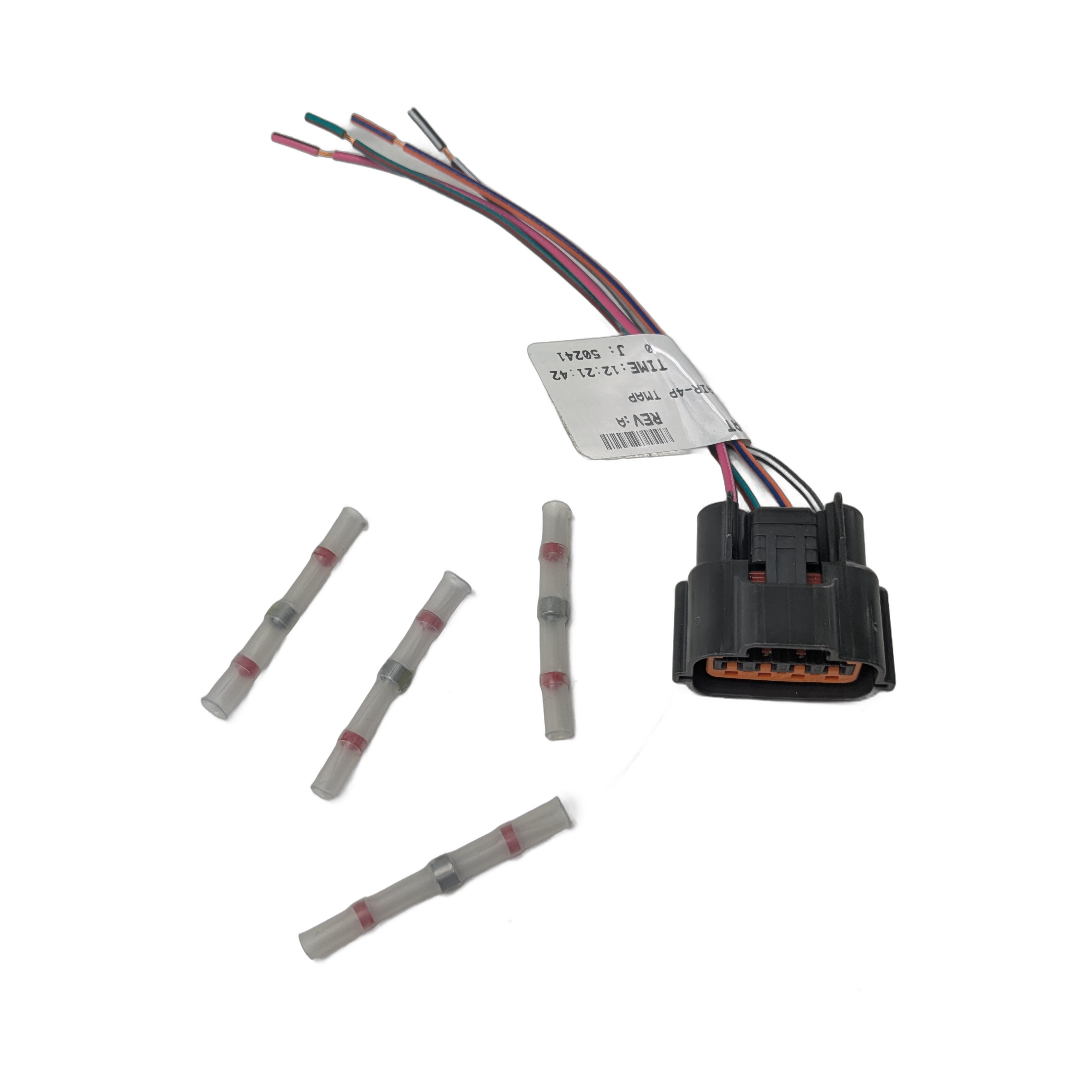 The Kit, Repair-4P Tmap Connector by Arctic Cat includes a black connector with multi-colored wires and label, plus five clear heat shrink butt connectors—essential ATV off-road accessories compatible with Arctic Cat OEM parts.