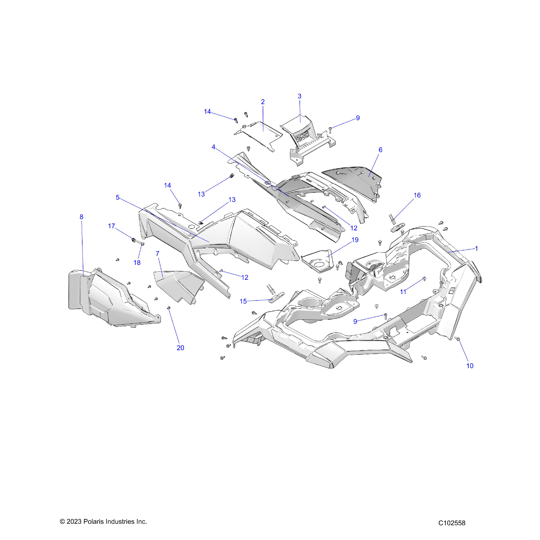 An Image of a Genuine Polaris Parts Schematic Diagram showing the schematic - BODY: FRONT CAB and SIDE PANELS - 2024 POLARIS SPORTSMAN 850 EPS 48"