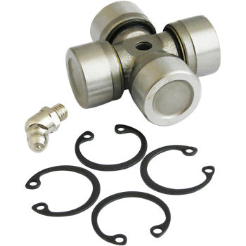 The Polaris Universal Joint by Epi features four caps, a grease zerk fitting, and four black retaining clips on a white background—ideal for universal joints or OEM replacements.