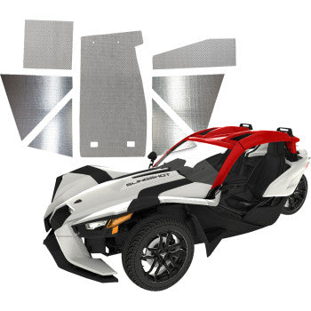 A sporty three-wheeled vehicle with a red roof and black-and-white body is parked before five silver Heat Shield Kit Slingshot by Dei panels, which reduce engine noise and heat.