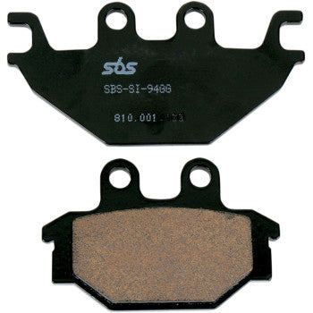 Pair of black metal off-road brake pads with sintered friction surfaces, SBS branding and model number visible.