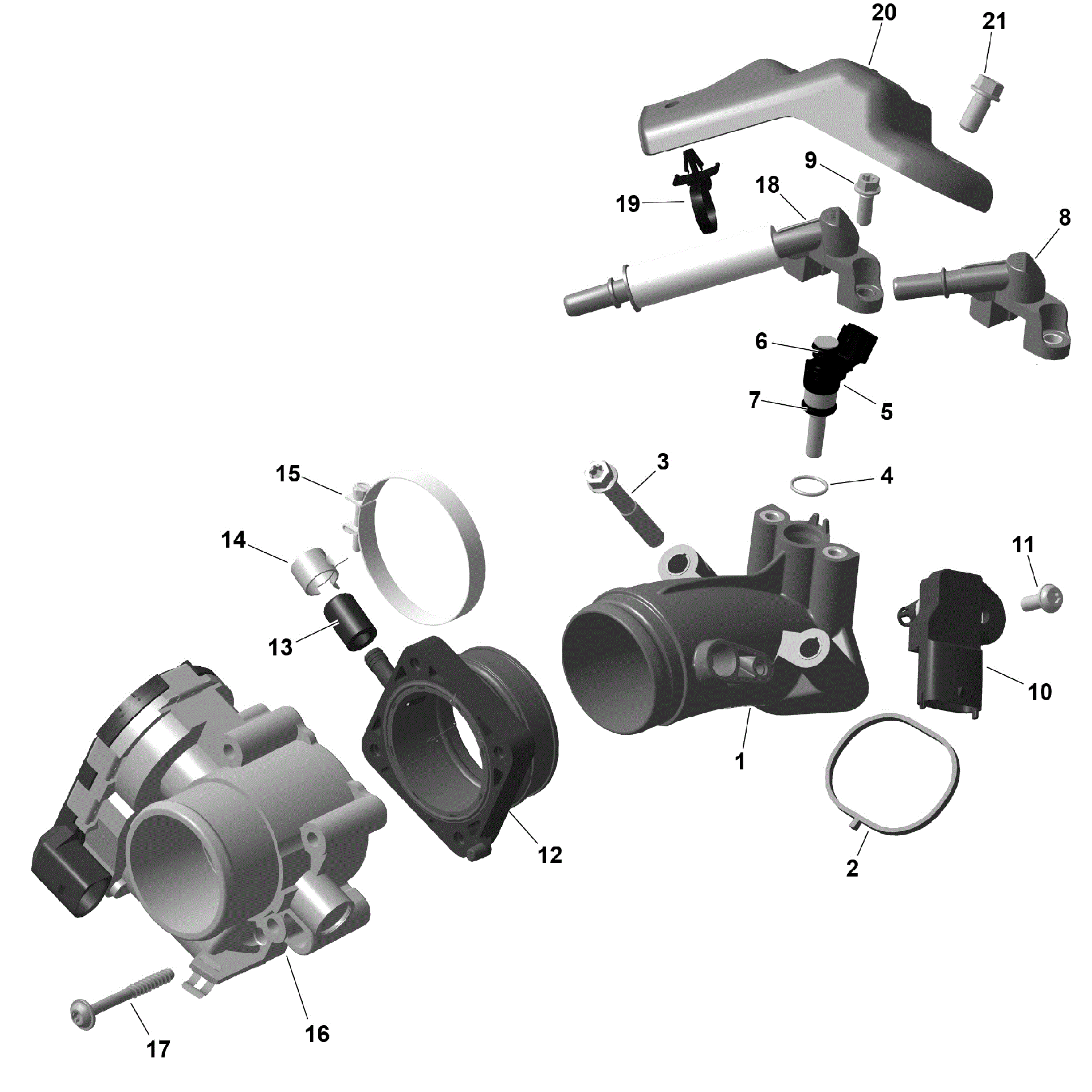 An Image of a Genuine Can-Am Parts Schematic Diagram showing the schematic - ROTAX - AIR INTAKE MANIFOLD AND THROTTLE BODY