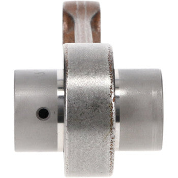 Metallic silver connecting rod with smooth cylindrical ends and a central thickened section, featuring a small hole on one.