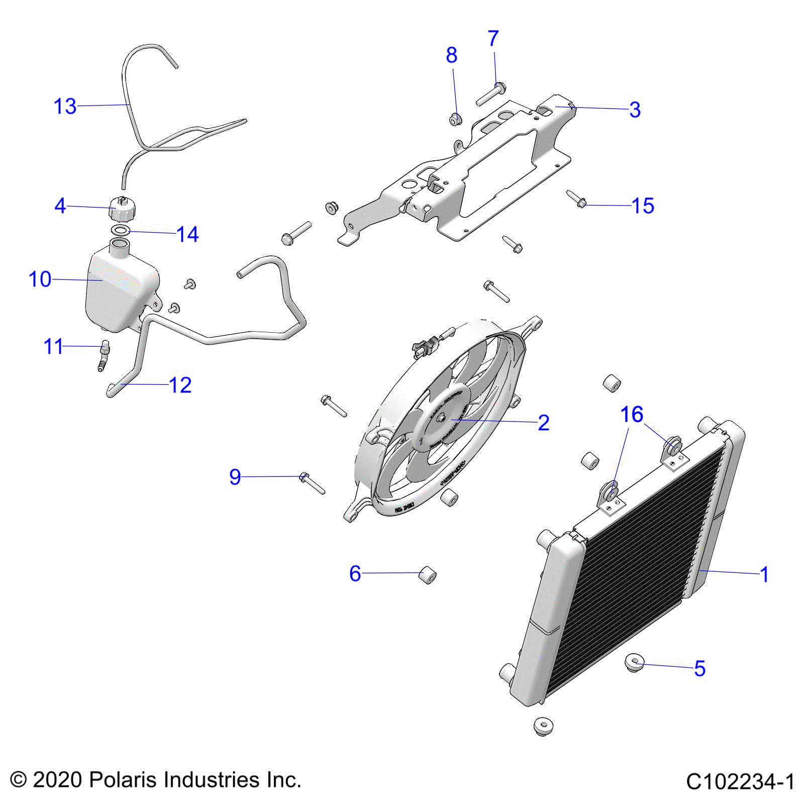 An Image of a Genuine Polaris Parts Schematic Diagram showing the schematic - ENGINE: COOLING SYSTEM RADIATOR FAN & OVERFLOW BOTTLE - 2021 POLARIS SPORTSMAN 570 6X6