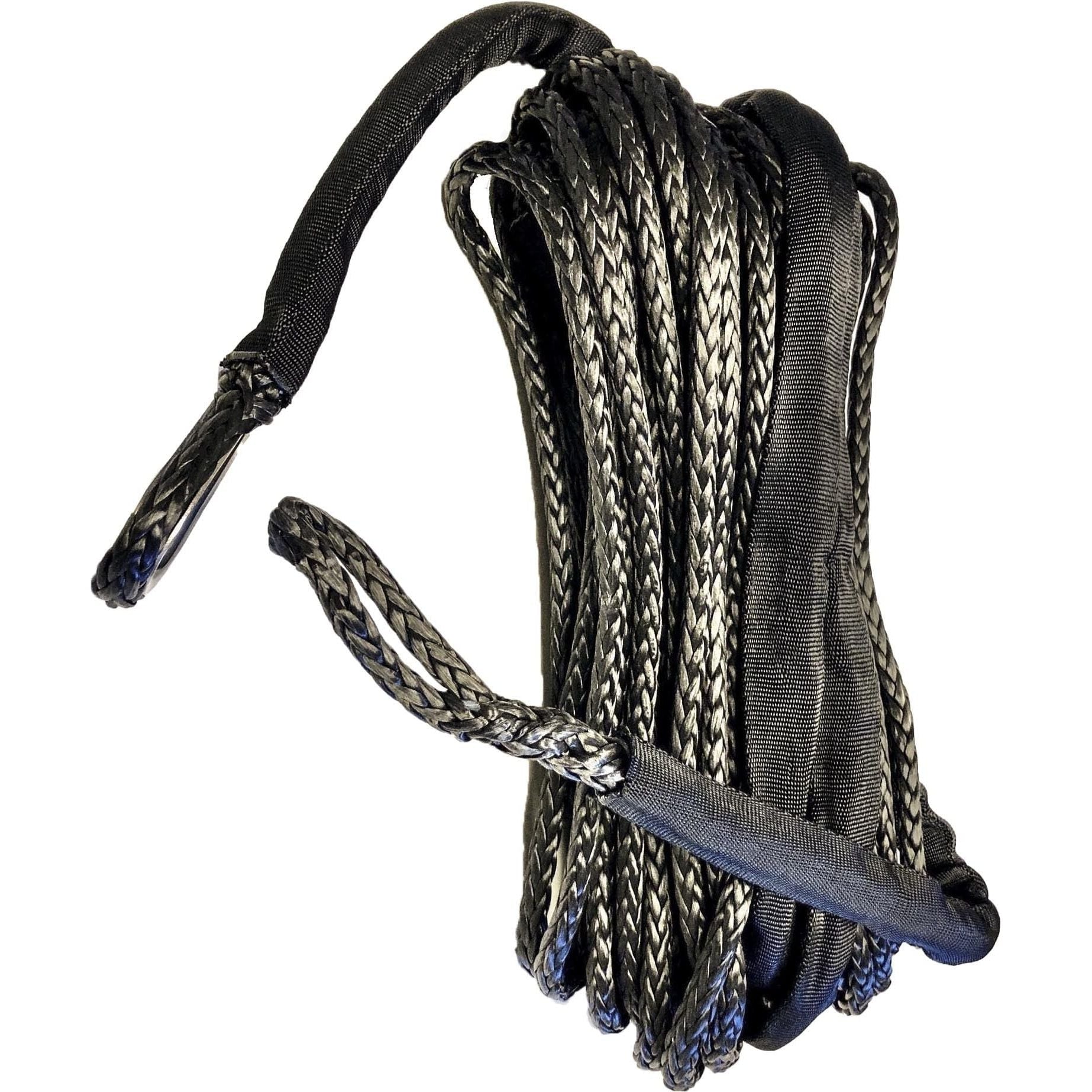 The Open Trail Synthetic Winch Rope, 1/4 diameter and 50 ft. long in black, features reinforced looped ends and a heat-resistant sleeve, displayed on a white background.