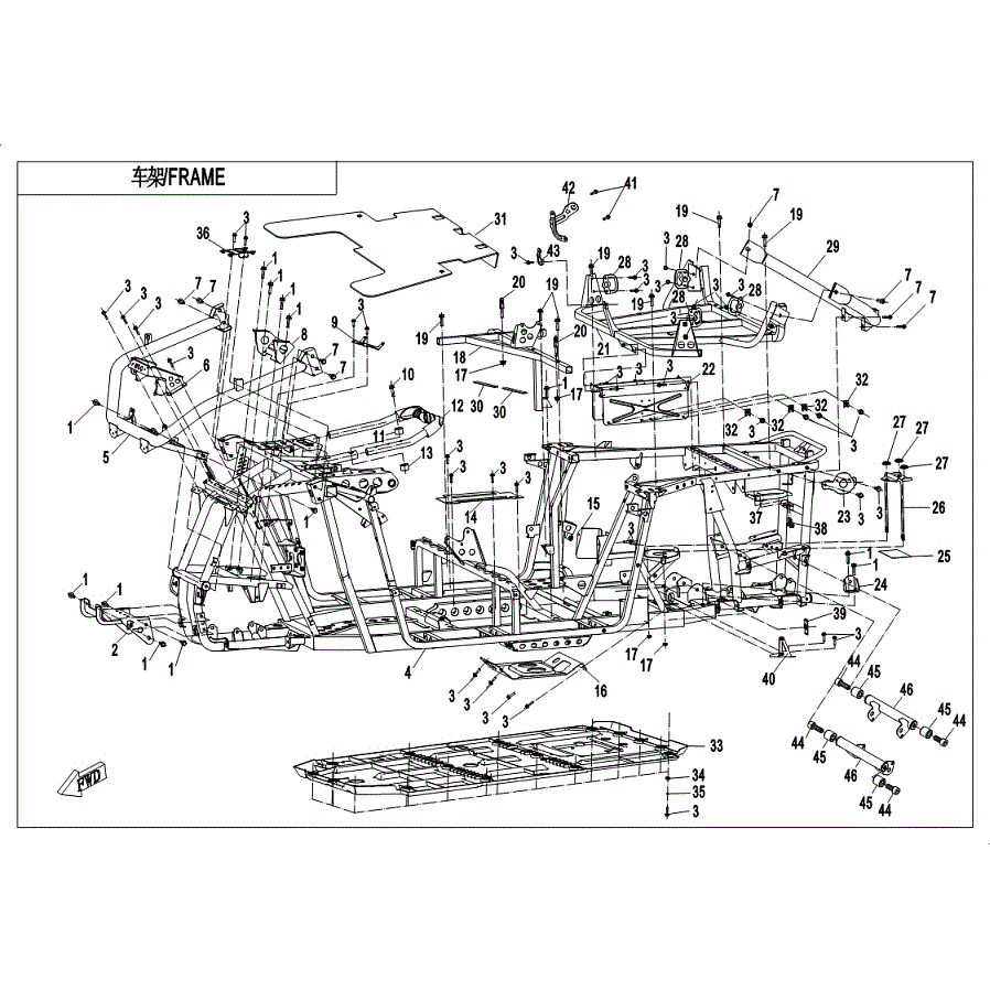 An Image of a Genuine CFMOTO Parts Schematic Diagram showing the schematic - FRAME - 2019 CFMOTO ZFORCE 1000