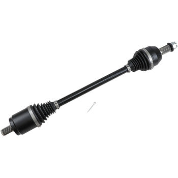 Black heavy-duty metal axle shaft with protective rubber boots on both ends for Polaris Ranger, General, RZR offroad.
