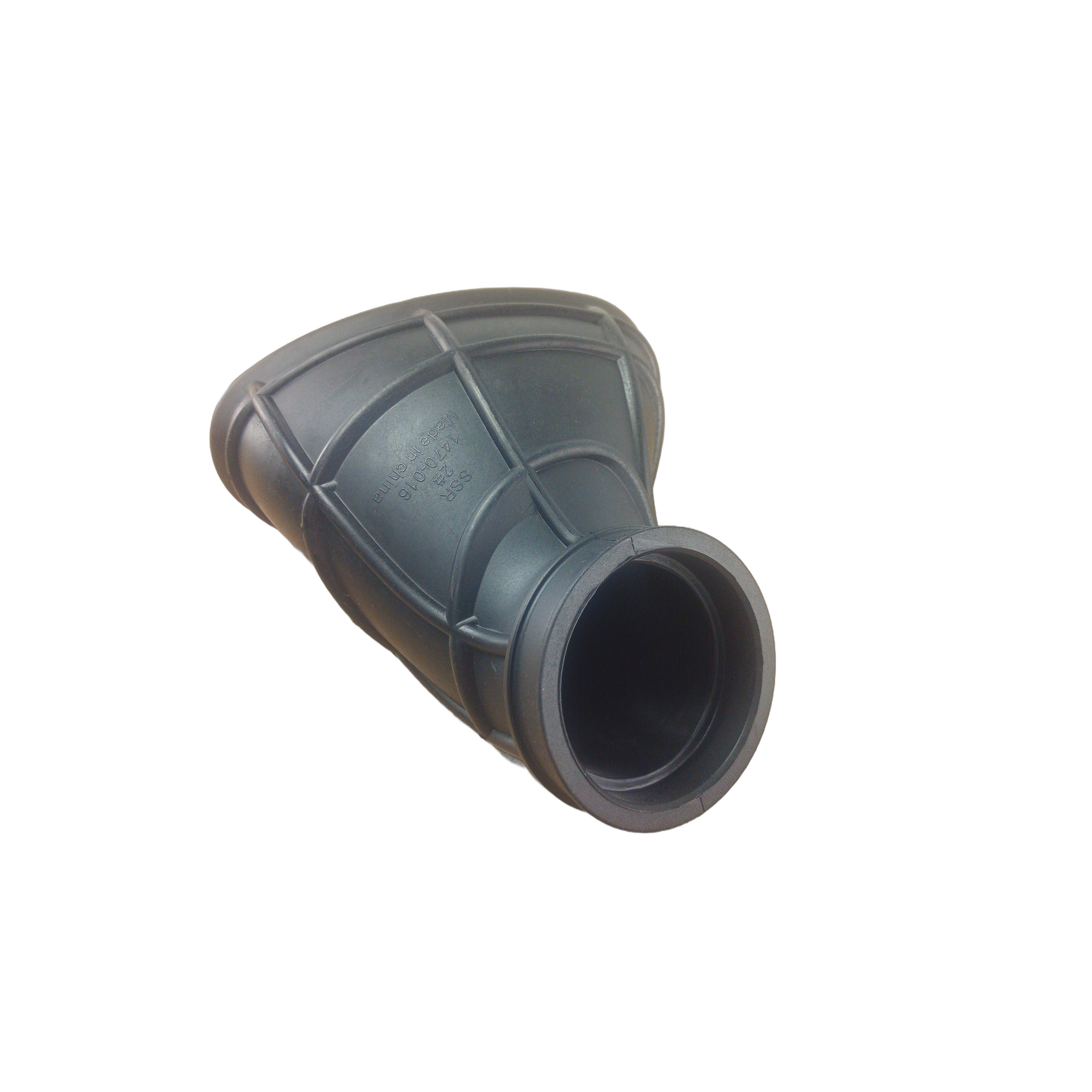 Black rubber intake boot with flared conical shape and reinforced ridge detailing.