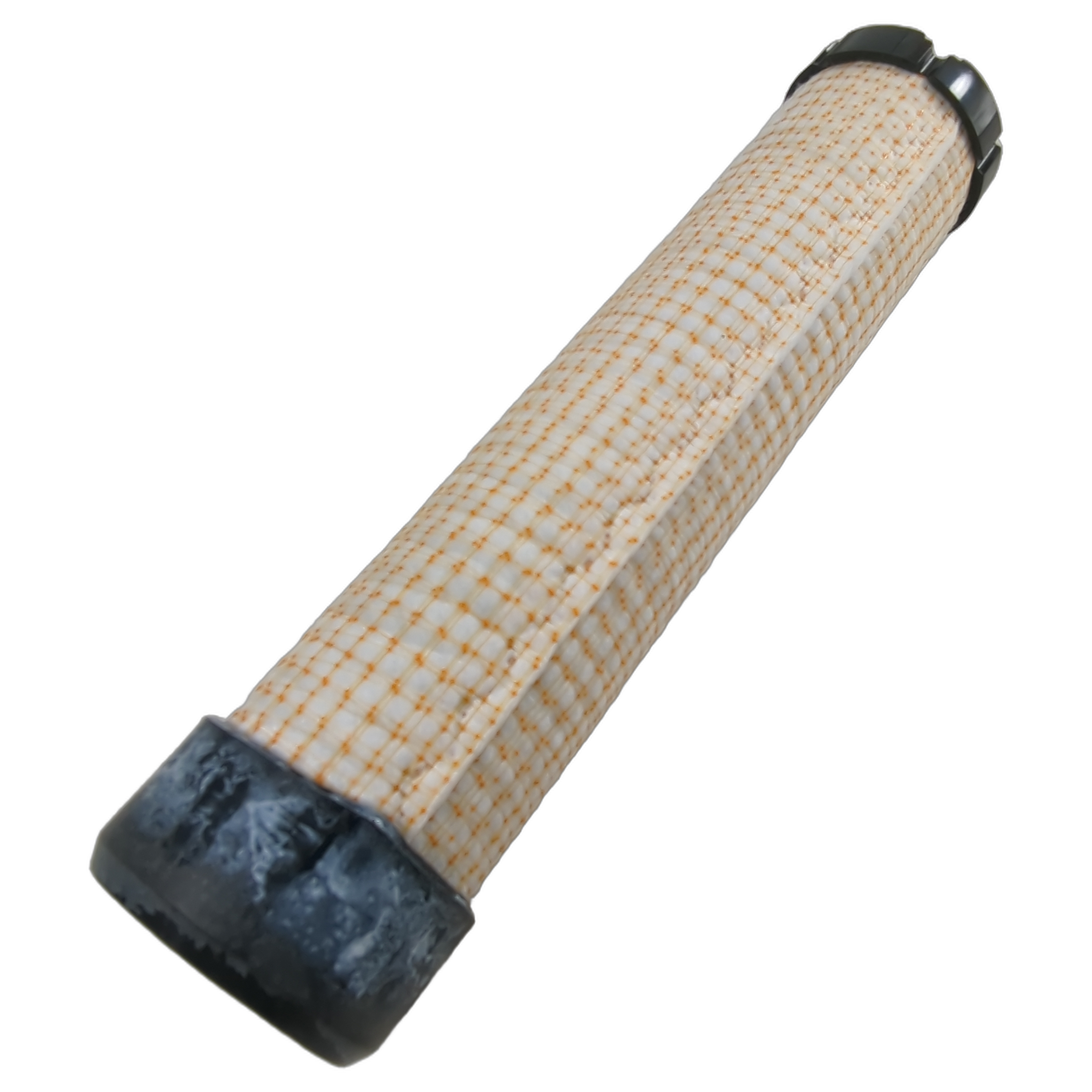Long cylindrical Arctic Cat safety filter with a white pleated mesh body, orange grid pattern, and black end caps.