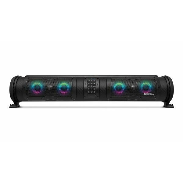 The Seb28 Soundextreme Elite With Ledcasting Lithium by EcoXGear is a black waterproof cylindrical Bluetooth speaker with four LED-lit drivers, central control buttons, and a rugged build perfect for outdoor use.