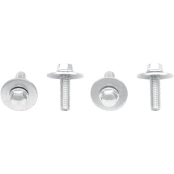 Four Bolts with Washers Hex Flange M6 x 20 from Bolt’s 10-pack are displayed in a row on a white background, made of zinc-plated 8.8 steel and featuring built-in washers, shown from both side and top views.