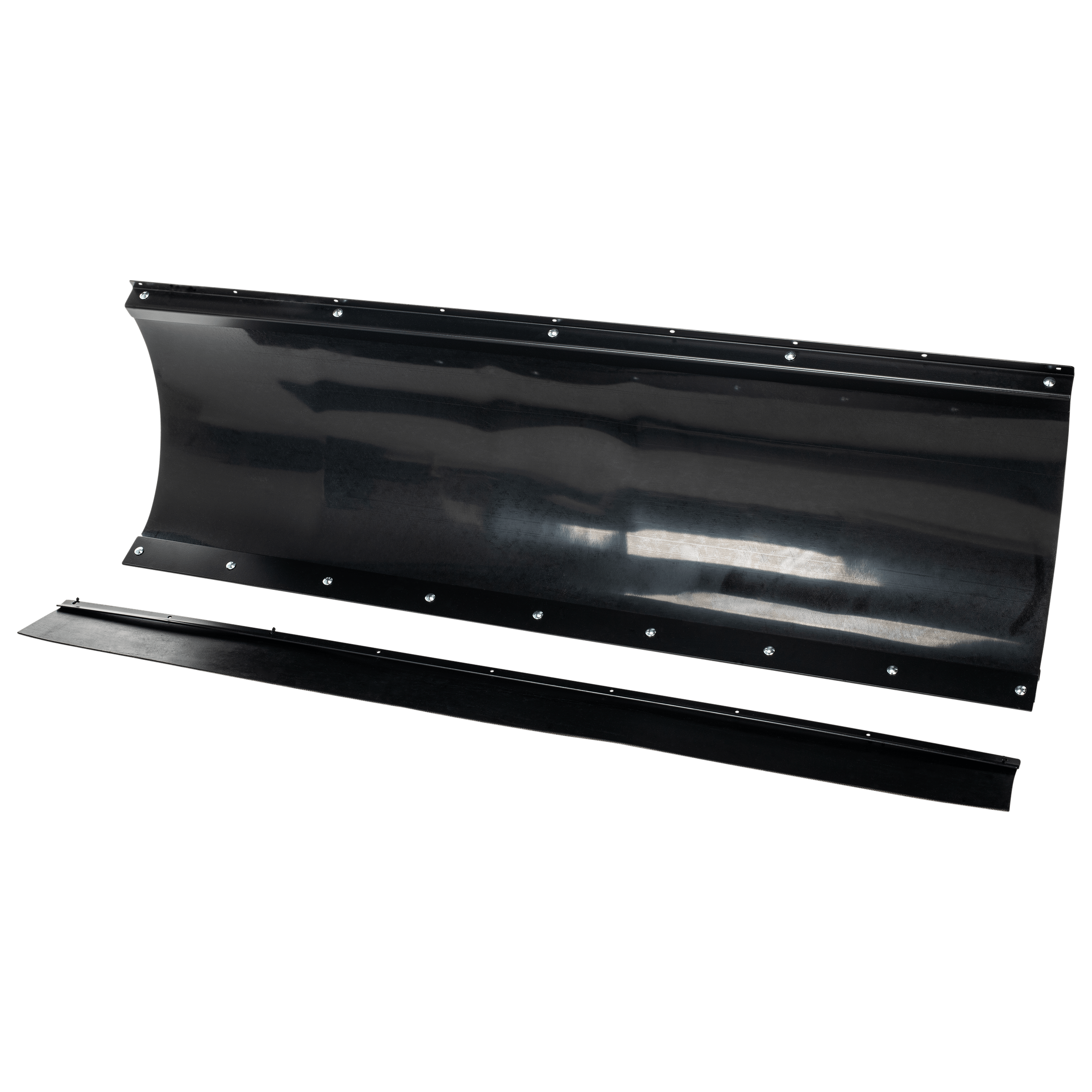 Two black panels—a large, curved 72 Poly Blade by Open Trail with bolts along the edge and a smaller straight piece—crafted from high-density polyethylene, both displayed on a white background.