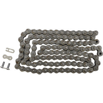 A coiled 520 HDR Competition Chain Steel 112 Links by Jt Chains, featuring a master link and two small connecting pins beside it, is displayed on a plain white background.