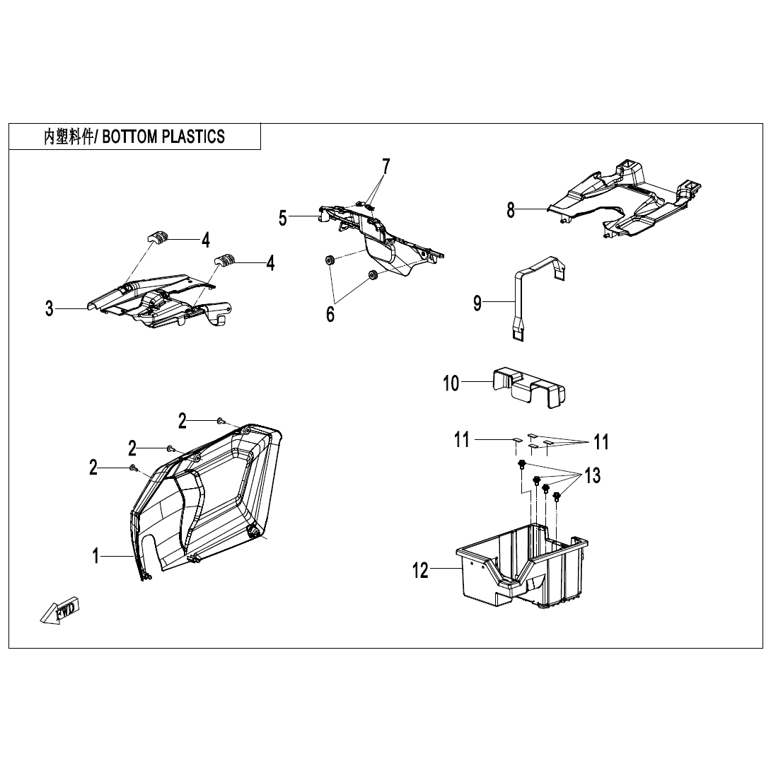 An Image of a genuine CFMOTO Parts Schematic Diagram showing the group - BOTTOM PLASTICS - 2020 CFMOTO CFORCE 600 Touring