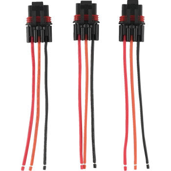 Three Polaris Pulse Busbar Harnesses by Klock Werks, each with black connectors featuring red sealing rings and three 14 AWG wires (red, black, orange), are arranged vertically on a white background.