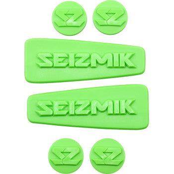 Bright green rectangular and circular custom inserts with raised Seizmik logo and "Z" emblem in matching green rubber.