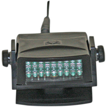 Close-up of the Trulink Universal LED Communicator System by Custom Dynamics, a black device featuring two adjustable side knobs, green and clear front LEDs, and rear cable connection—designed for visual communication in motorcycle group riding.