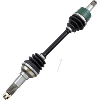 Black metal Yamaha CV axle shaft with silver joints and rubber protective boots on both ends.