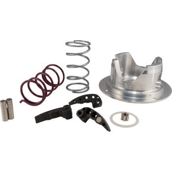 Silver aluminum clutch housing with black metal clutch arms, silver and red coil springs, and small metal components.