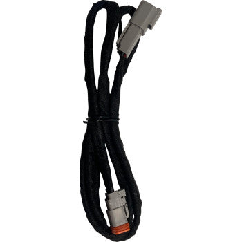 The Brite-Lites Wiring Harness Extension with DT Connectors 5' is a black cable coiled with a twist tie, featuring a round gray DT connector on one end and a rectangular gray connector on the other—ideal for Crew Cab installations.