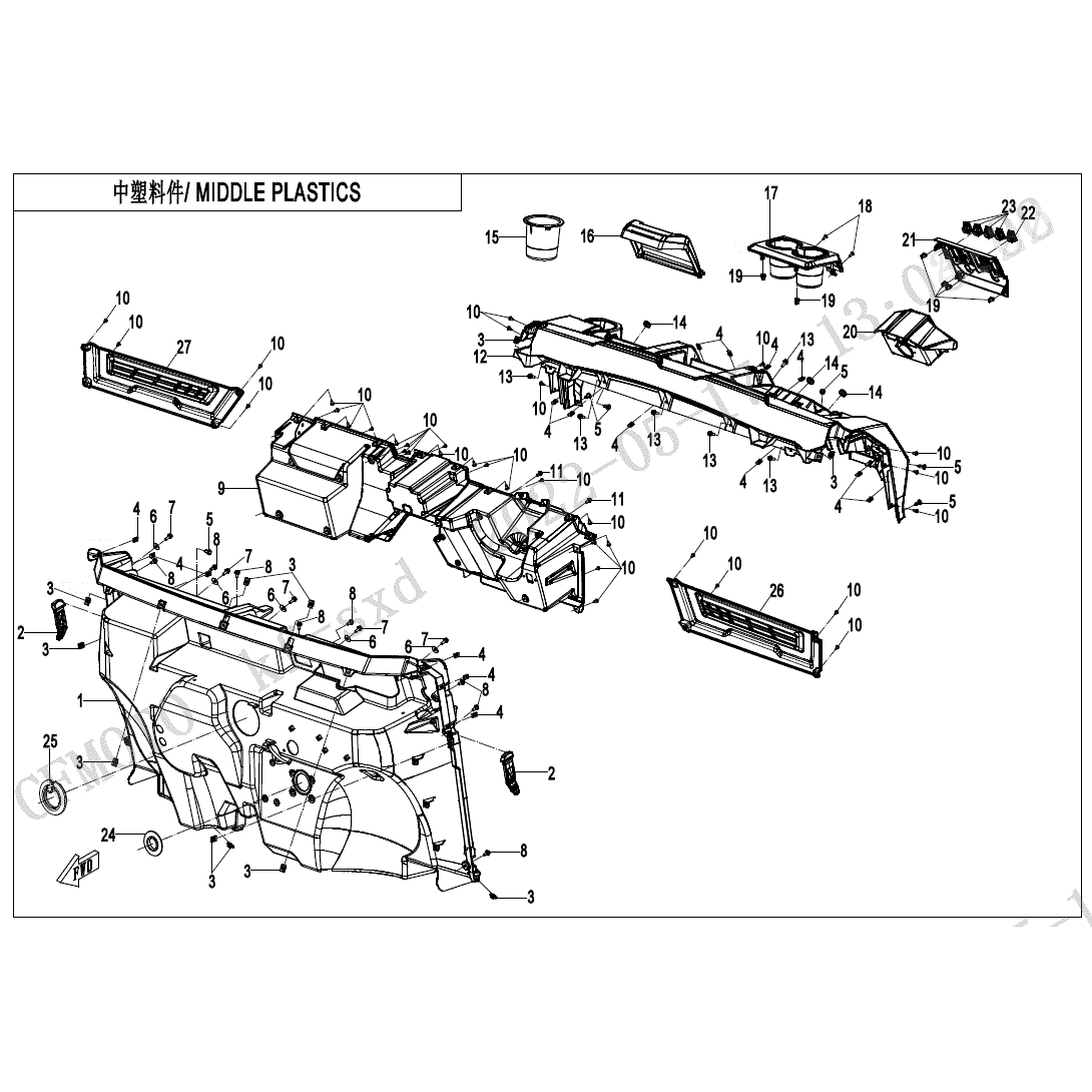An Image of a Genuine CFMOTO Parts Schematic Diagram showing the schematic - MIDDLE PLASTICS(2) - 2023 CFMOTO UFORCE 600