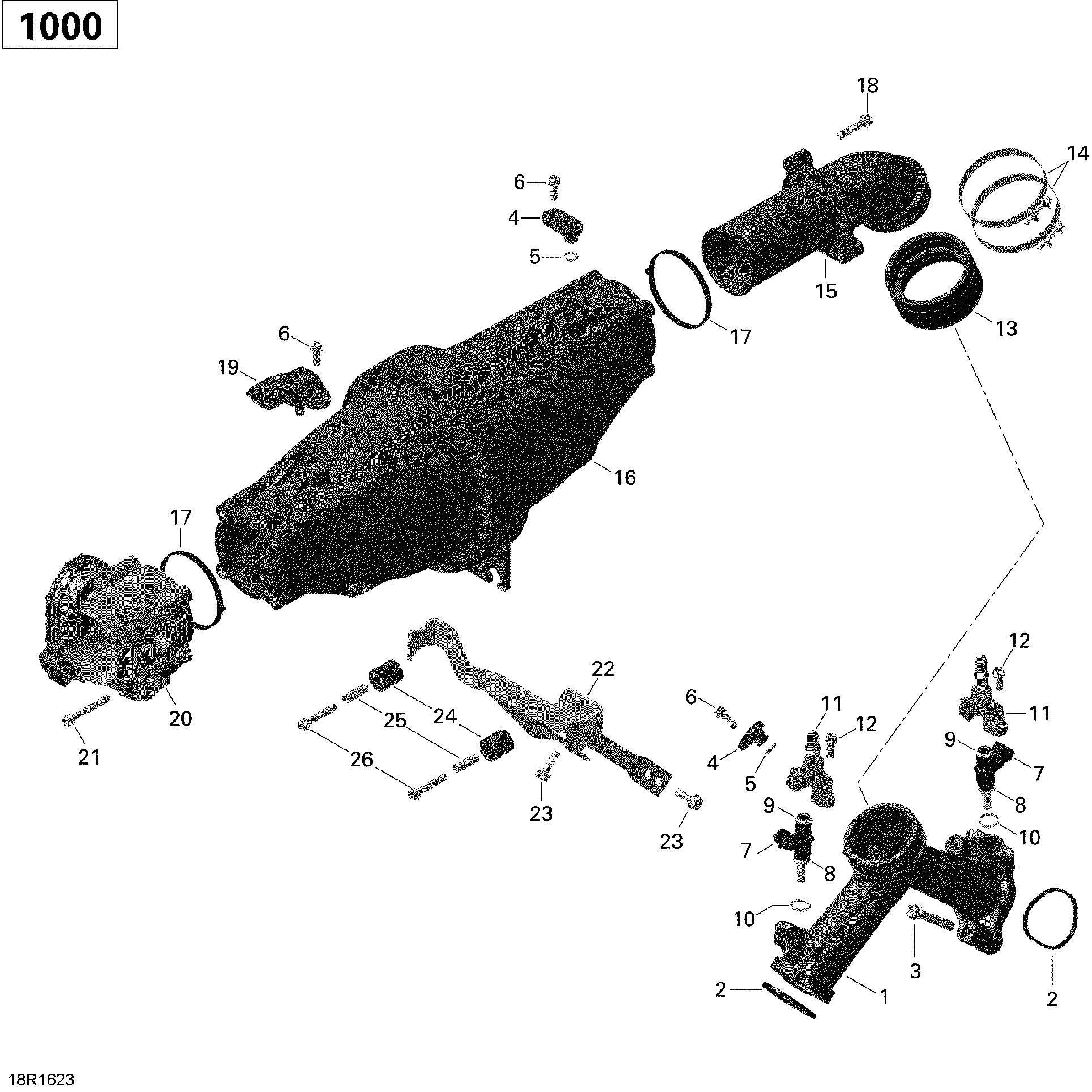 An Image of a Genuine Can-Am Parts Schematic Diagram showing the schematic - AIR INTAKE MANIFOLD AND THROTTLE BODY - 1000 EFI