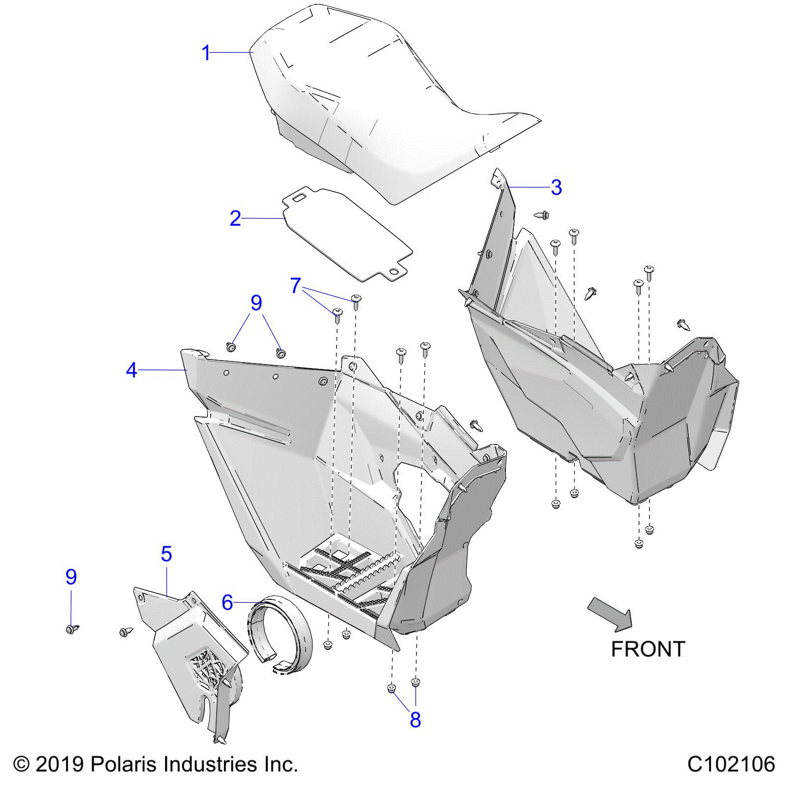 An Image of a Genuine Polaris Parts Schematic Diagram showing the schematic - BODY: SEAT AND FOOTWELLS - 2021 POLARIS OUTLAW 70