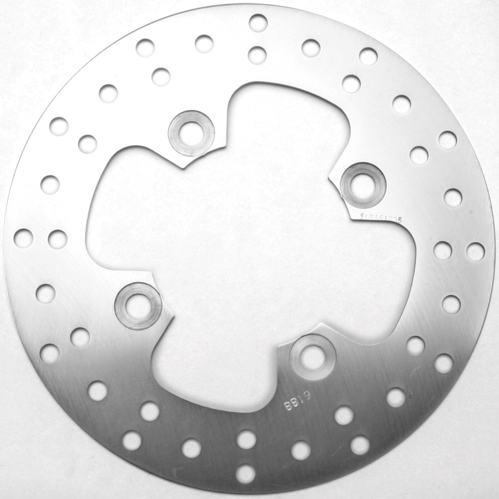 Silver round metal brake rotor with multiple evenly spaced ventilation holes and four bolt holes.