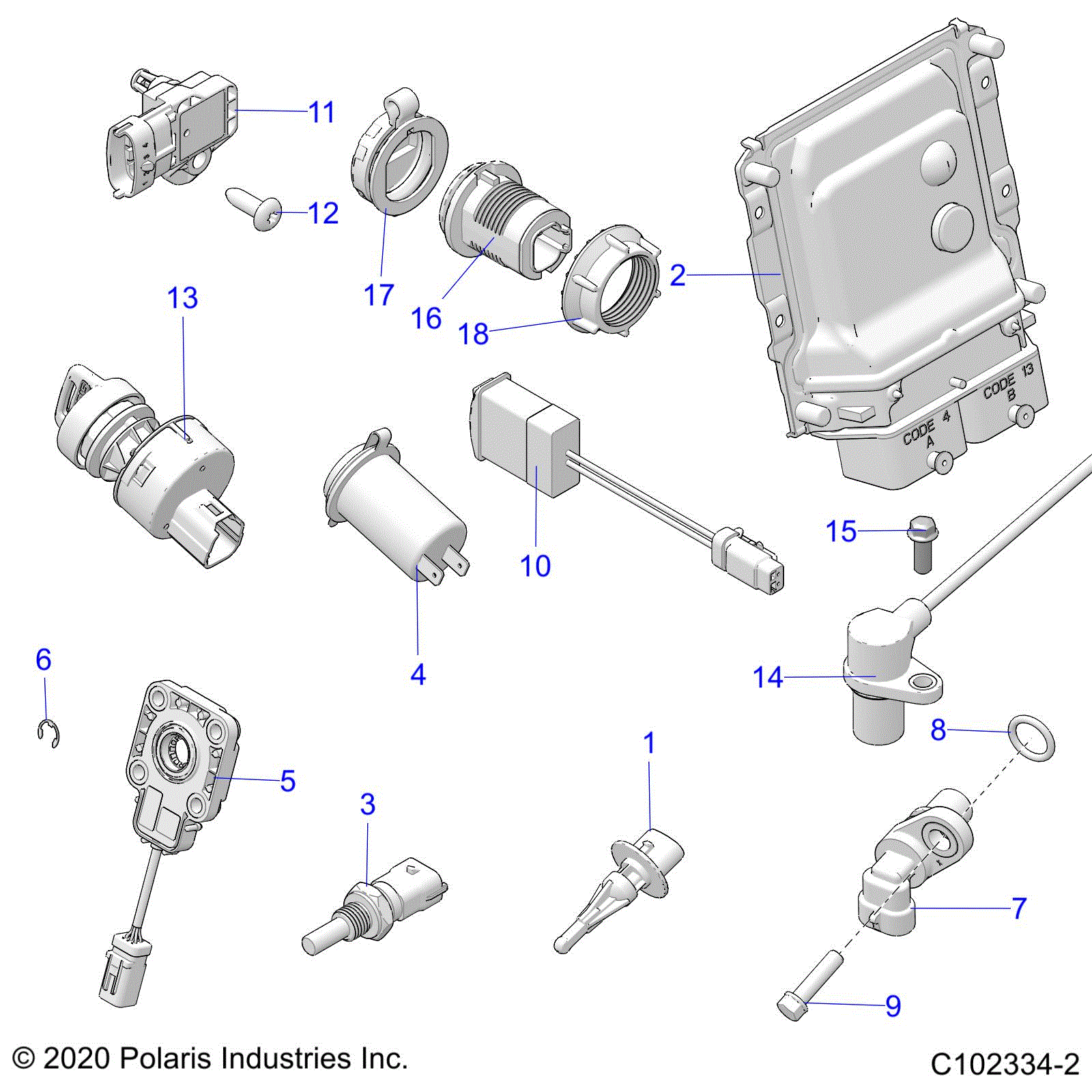 An Image of a Genuine Polaris Parts Schematic Diagram showing the schematic - ELECTRICAL: SWITCHES SENSORS ECU and CONTROL MODULES - 2023 POLARIS SPORTSMAN XP 1000 55" 49S